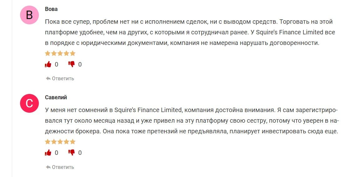 Реальные отзывы о Squire’s Finance Limited - Честный обзор брокера