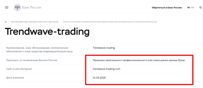 Trendwave-trading (trendwave-trading.com) лжеброкер! Отзыв Telltrue